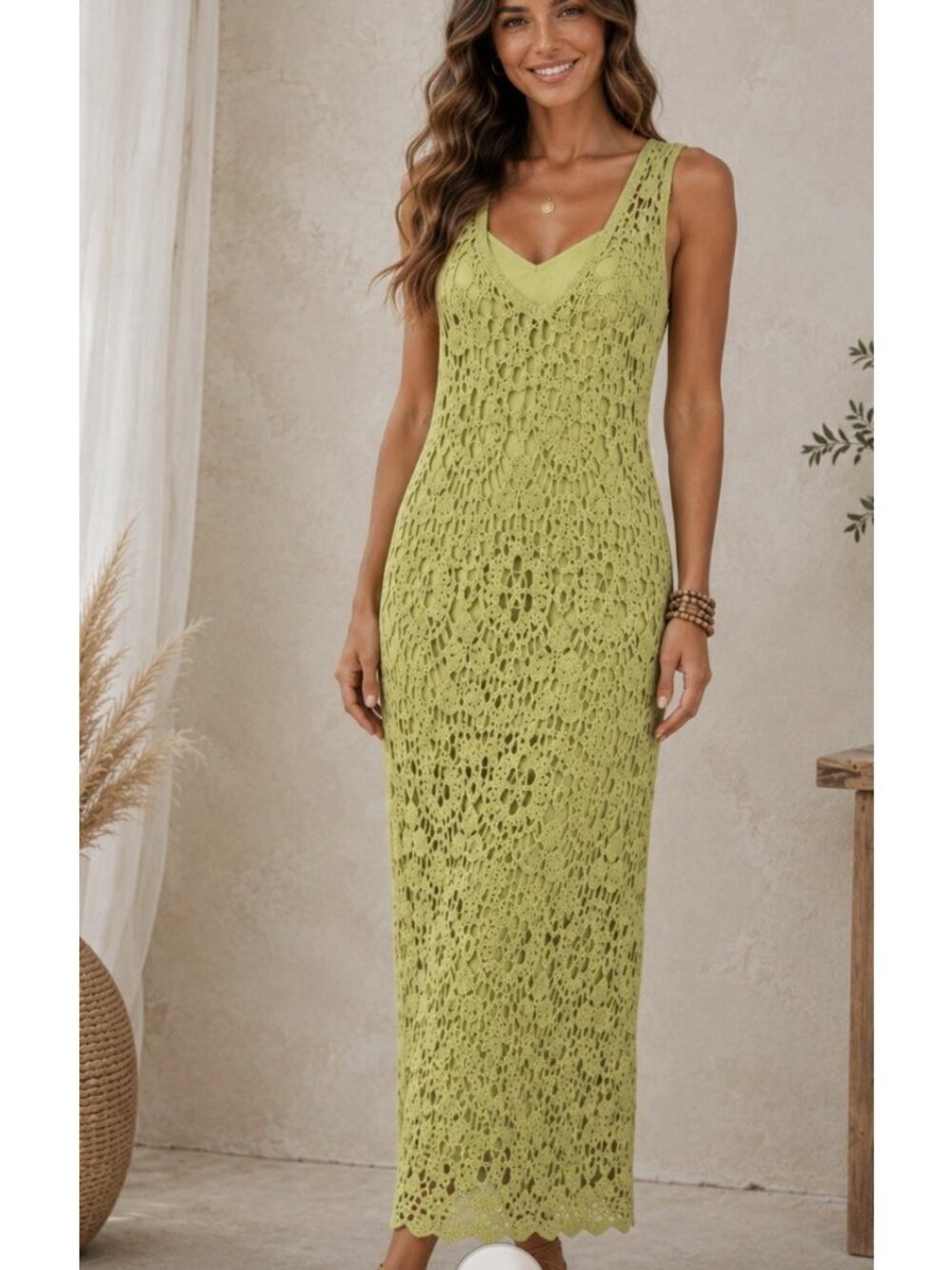 House of Harlow 1960 Dress Women's Large  Crochet Sleeveless Midi  Light Green